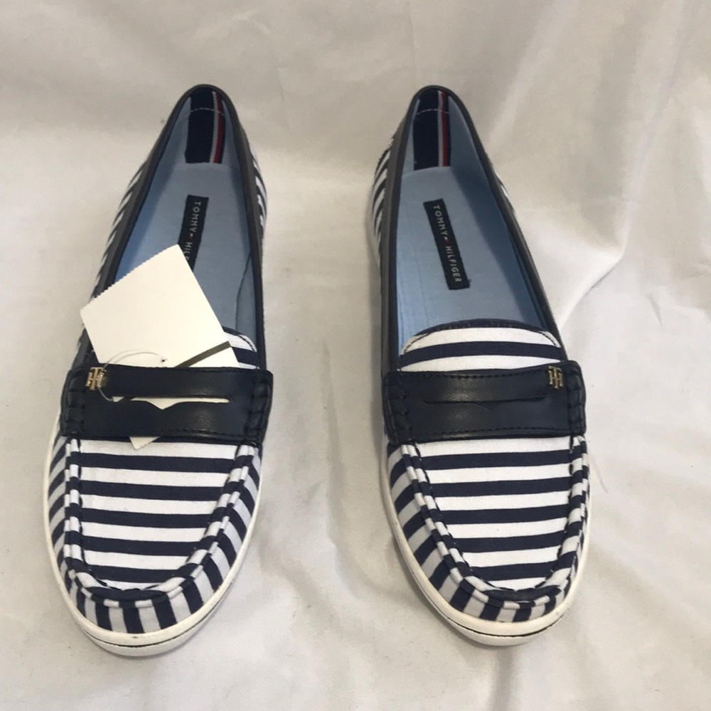 Tommy Hilfiger Navy and White Striped Loafers